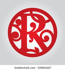 Monogrammed font letter in circle for laser cutting. Personalized medallion design. Printable initial letter for wedding decor. Family name monogram R.