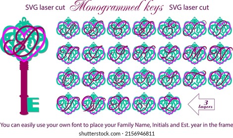 Monogrammatierte Schlüssel 3D-Layered Laser Cut Files Bundle.Cut und gestalten Sie Ihr eigenes Monogramm Ornament mit 3D-Layouts für digitale Cut-Dateien