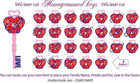 Monogrammatierte Schlüssel 3D-Layered Laser Cut Files Bundle.Cut und gestalten Sie Ihr eigenes Monogramm Ornament mit 3D-Layouts für digitale Cut-Dateien