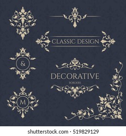 Monograms and borders, frames. Classic ornament. Graphic design pages. Seamless pattern.