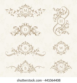 Monograms collection for cards, invitations. Graphic design pages, boutiques, cafes, hotels. Classic design elements for wedding invitations. 