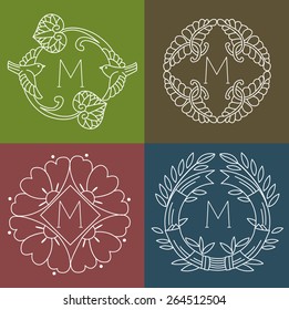 Monograms. Line Design Floral Elements For Logo, Frames And Borders In Modern Style. Vector Set. Floral Elements Vector. Floral Elements Of Design.  Vintage Floral Element. Hand Drawn Floral Element.