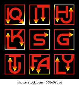 Monograms in a square frame. Decorative letters with arrows. Vector letters for logo design.