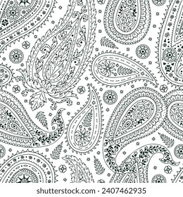 Monohcrome seamless pattern with Paisley motifs on white background. Traditional indian repeat design.