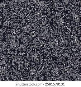 Monohcrome seamless pattern with Paisley motifs on white background. Traditional indian repeat design.