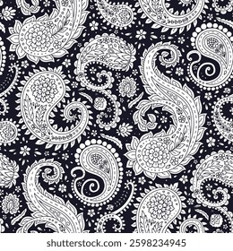Monohcrome seamless pattern with Paisley motifs on white background. Traditional indian repeat design.