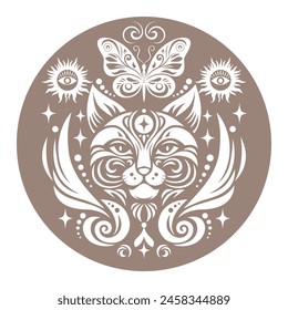 Monohrome illustration on the theme of mystic and esoteric. Head of cat and decorative elements in a circle