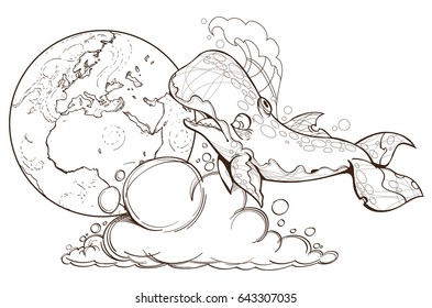 Monohrome vector illustration of whale near earth on white background