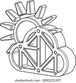 Monoline 3D Extruded Sun and Rain Cloud Icon With Internal Support Struts and Mechanical Structural Framing