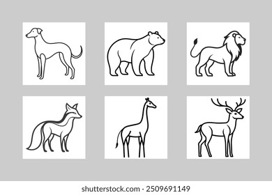 Juego de Ilustración vectorial de animales monolineales: Perro, ciervo, león, jirafa, oso, zorro, gato.