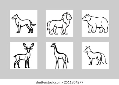 Juego de Ilustración vectorial de animales monolineales: Perro, ciervo, león, jirafa, oso, zorro, gato.