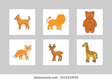 Monoline Animal Vector Illustration Set: Dog, Deer, Lion, Giraffe, Bear, Fox, Cat.