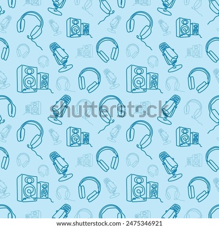 Monoline audio equipment pattern, headphones, speakers and microphones on blue background