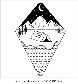 Monoline badge design of camping on the mountains