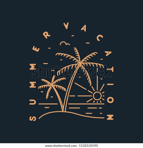 Monoline Badge Logo Design. Design Element : Palm\
Tree, Waves, and a\
sun.