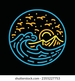 Monoline Beach Mountain Vector Graphic Design illustration Emblem Symbol and Icon