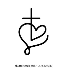 Monoline black Vector Christian logo Heart with Cross. Isolated on Background. Hand Drawn Minimalistic religion icon symbol love.