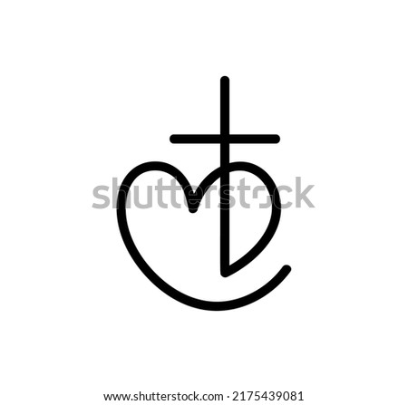 Monoline black Vector Christian logo Heart with Cross. Isolated on Background. Hand Drawn Minimalistic religion icon symbol love. Photo stock © 