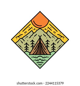 Monoline Camp Mountain Logo Design Vintage Emblem Vector illustration Badge Symbol Icon
