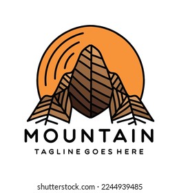 Monoline Camp Montaña Logo Diseño Emblema Vintage Icono emblema de la placa