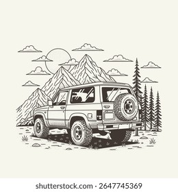 Monoline Classic Offroad Vehicle with Mountain Scenery Nature Illustration