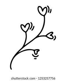 Monoline cute branch with hearts. Vector Valentines Day Hand Drawn icon. Holiday sketch doodle Design element valentine. love decor for web, wedding and print. Isolated illustration.