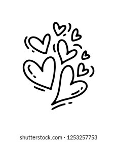 Monoline cute different size hearts. Vector Valentines Day Hand Drawn icon. Holiday sketch doodle Design element valentine. love decor for web, wedding and print. Isolated illustration.