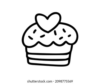 Monoline cute muffin with heart. Vector Valentines Day Hand Drawn icon. Holiday sketch doodle Design element valentine. love decor for web, wedding and print. Isolated illustration.
