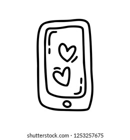 Monoline cute phone with heart. Vector Valentines Day Hand Drawn icon. Holiday sketch doodle Design element valentine. love decor for web, wedding and print. Isolated illustration.