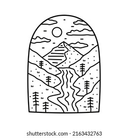 Monoline design of nature mountain and the river, design for t-shirt, badge, sticker, etc
