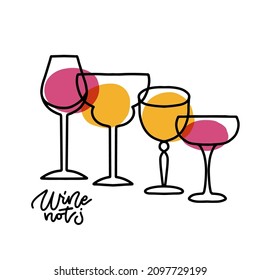 Dibujo en monolina de cuatro vasos con bebidas alcohólicas. Resumen de concepto minimalista con letra de Wine no en un estilo lineal aislado en fondo blanco. Ilustración dibujada a mano por el vector