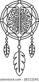 Monoline Dreamcatcher Icon With Circuit Board Brain Network and Digital Hanging Feathers on White Background