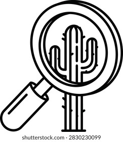 Monoline Editable Stroke Magnifying Glass Icon Focusing on a Saguaro Cactus in the Desert Environment