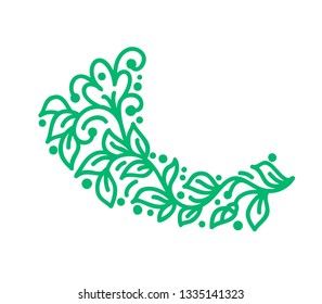 Monoline flourish candinavian folk vector monogram with leaves and flowers. Corners and dividers for Valentines Day, wedding, birthday greeting card, book, web design.