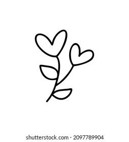 Monoline flower with hearts. Valentines Day Hand Drawn icon. Holiday sketch doodle Design plant element valentine. love decor for web, wedding and print. Isolated illustration.