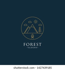 monoline forest, mountain and wave logo icon vector