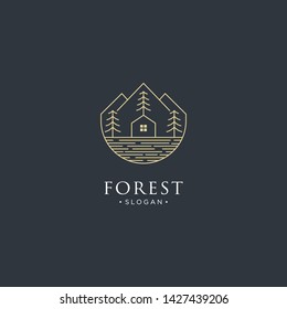 monoline forest, mountain and wave logo icon vector