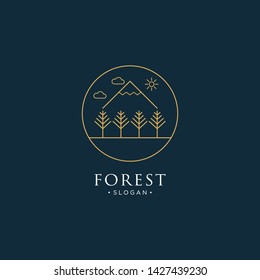 monoline forest, mountain and wave logo icon vector
