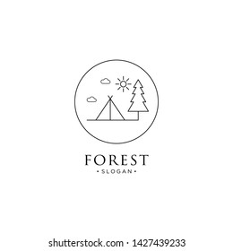 monoline forest, mountain and wave logo icon vector
