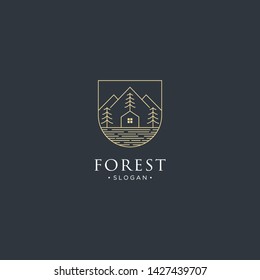 monoline forest, mountain and wave logo icon vector