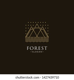monoline forest, mountain and wave logo icon vector