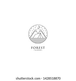 monoline forest, mountain and wave logo icon vector