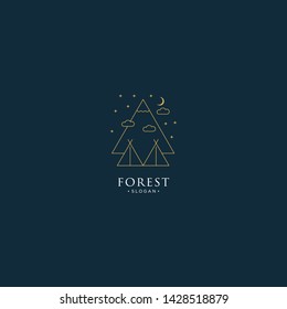 monoline forest, mountain and wave logo icon vector