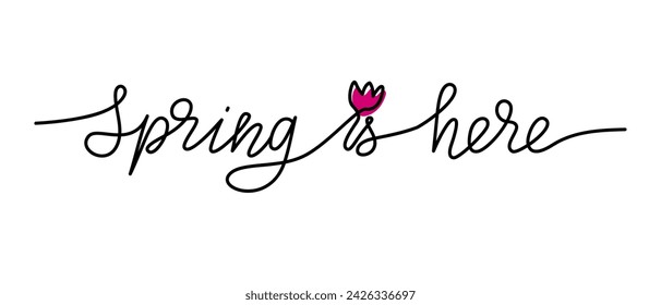 Monoline dibujado a mano irlandés concepto de letras. La primavera está aquí. Concepto de celebración de Pascua. Frase de una sola línea con silueta de flor. Ilustración aislada del vector sobre fondo blanco. Bueno para el póster
