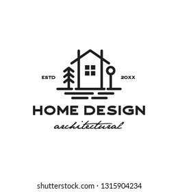 monoline home, pine tree and lamp for architectural logo icon vector template