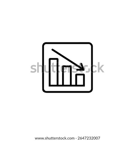 A monoline icon of a bar chart with a downward trend inside a square. Symbol for decreasing statistics loss or negative growth.