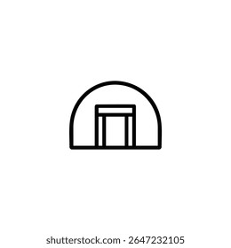 Um ícone monolínico de uma entrada de porão com um monte arqueado e porta retangular. Símbolo de esboço simples para conceitos de armazenamento em porão ou adega.
