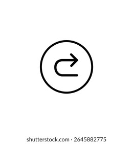 Ícone de linha mono de uma seta em curva no sentido horário dentro de um círculo, representando uma ação de refazer ou atualizar, terminando em uma ponta de seta em forma de V. Isolado em um fundo branco.