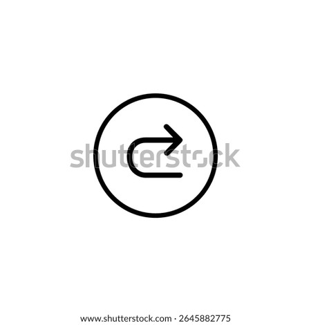 Monoline icon of a clockwise-curving arrow within a circle, representing a redo or refresh action, ending in a V-shaped arrowhead. Isolated on a white background.