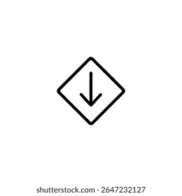 A monoline icon with a down arrow inside a diamond shape. Symbol for low priority or decreasing importance.